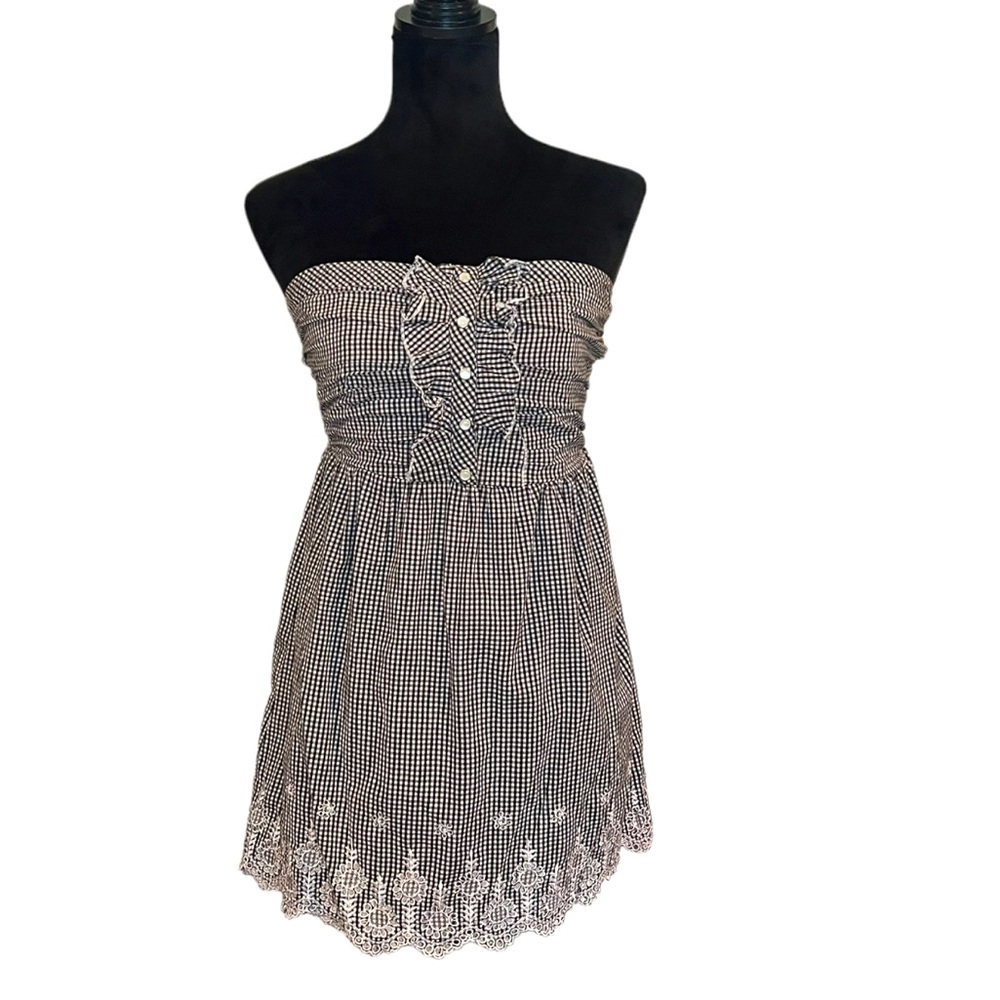 Panhandle Slim Black Gingham Strapless Lace Hem Dress S